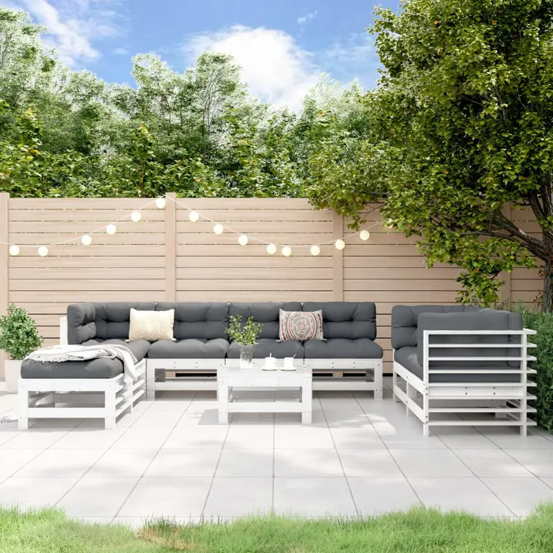 set mobilier de gradina, 9 piese, alb, lemn masiv pin
