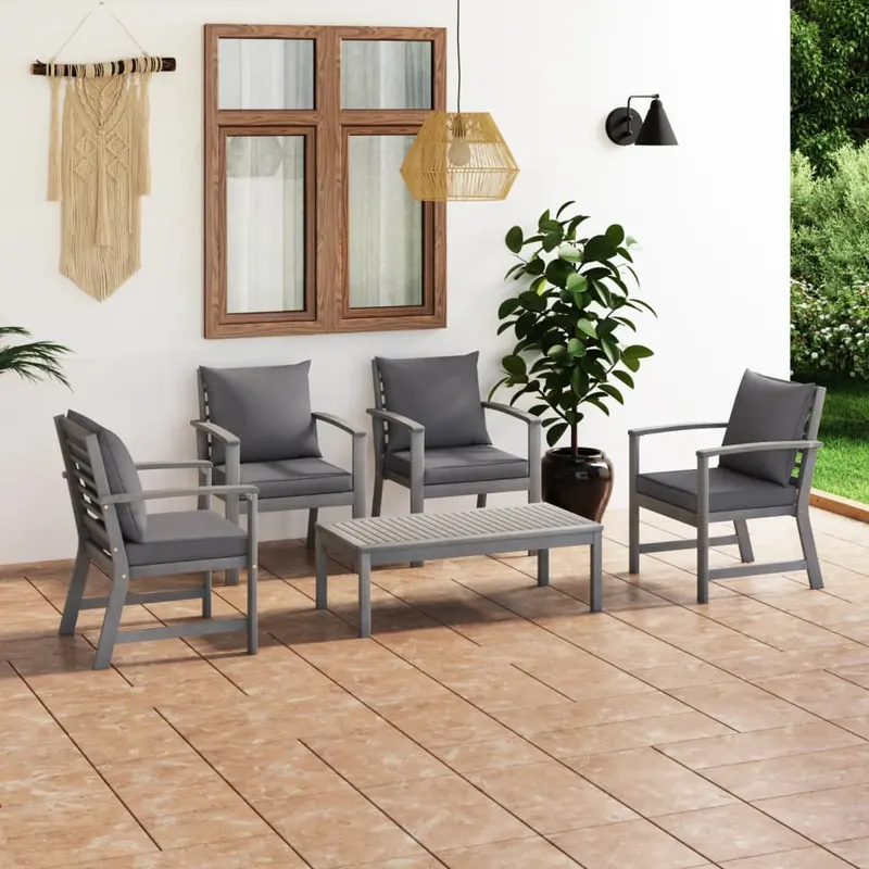 set mobilier gradina cu perna, 5 piese, gri, lemn masiv acacia
