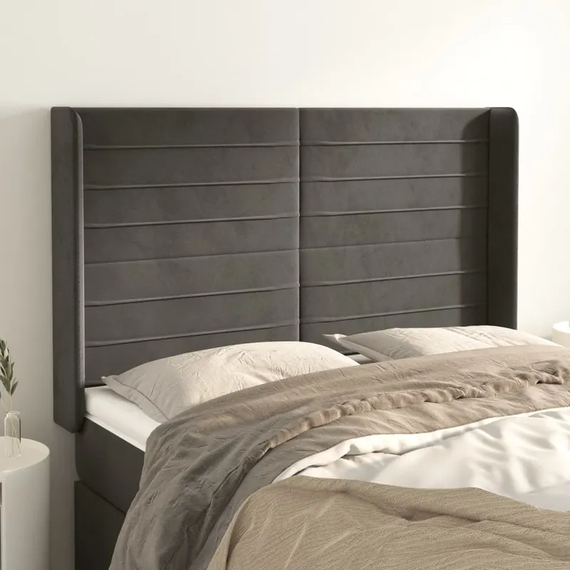 tablie de pat cu aripioare gri inchis 147x16x118/128 cm catifea