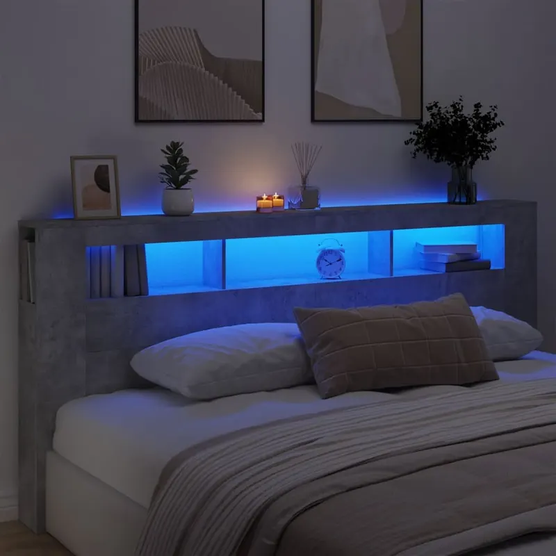 tablie de pat cu led, gri beton, 220x18,5x103,5 cm, lemn