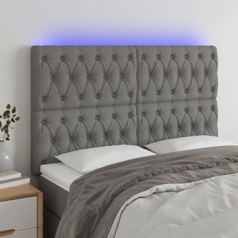 tablie de pat cu led, gri inchis, 144x7x118/128 cm, textil