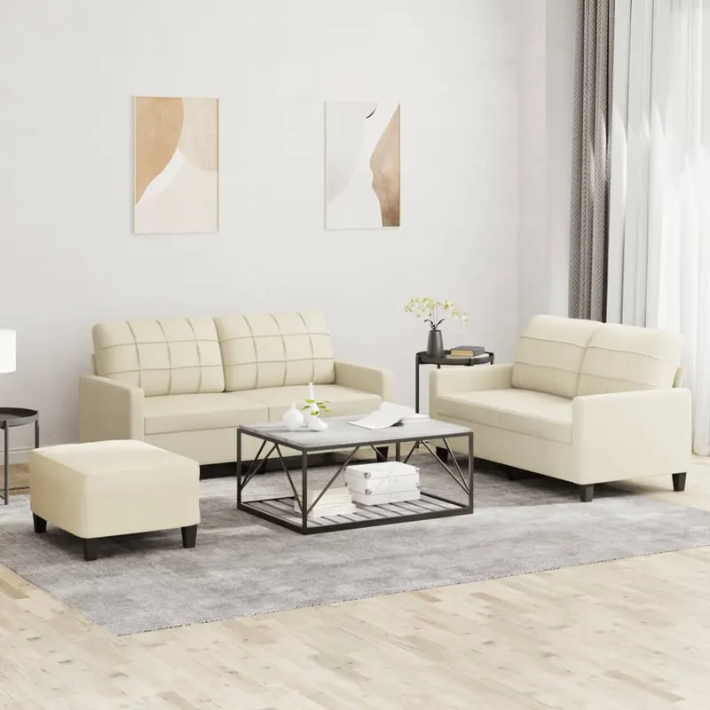 set de canapele cu perne, 3 piese, crem, piele ecologica