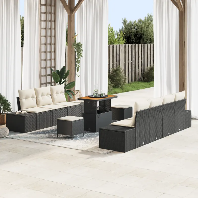 Set de canapea cu 10 piese si perne negru din ratan acacia, sofa de gradina cu 2 locuri si perne negru din ratan, set de dining pentru gradina cu 3 piese si perne negru din ratan acacia