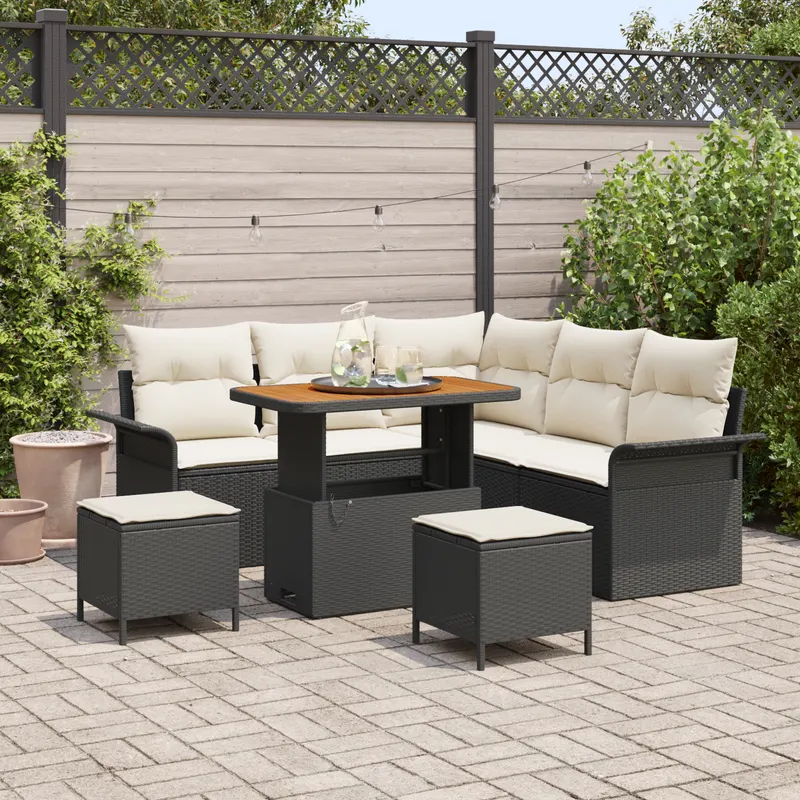 Set de sofa pentru gradina cu 8 piese si perne negre din poliratan acacia, sofa pentru gradina cu 2 locuri si perne negre din poliratan, set de dining pentru gradina cu 3 piese si perne negre din poliratan acacia