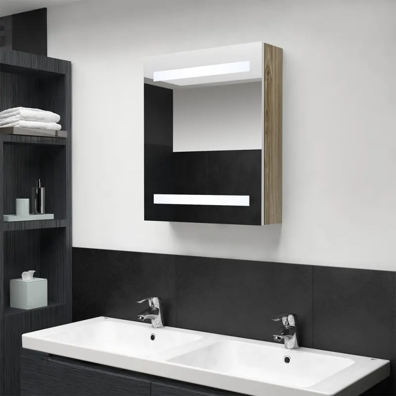 dulap de baie cu oglinda si led, alb si stejar, 50x14x60 cm