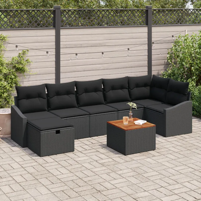 set canapea gradina cu perne 8 piese negru poliratan