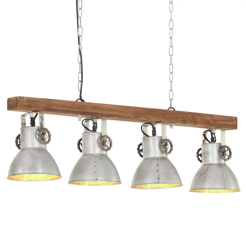 lampa suspendata industriala, argintiu, lemn de mango, e27