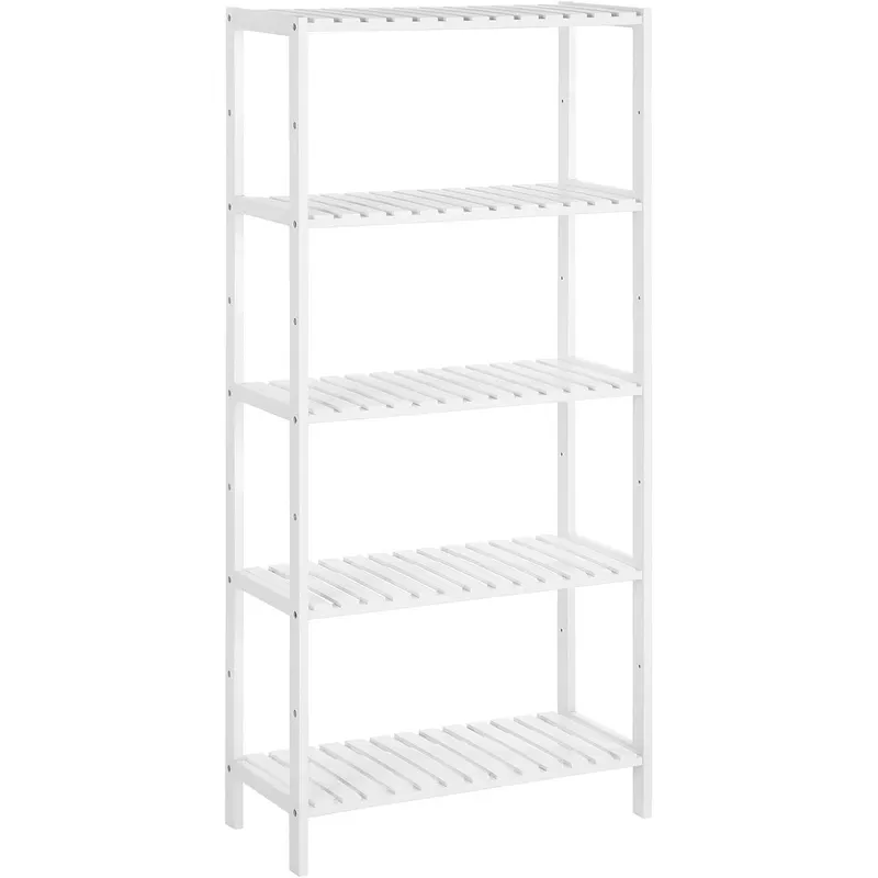 Etajera 5 niveluri, din bambus, pozitii reglabile, multifunctionala pentru bucatarie sau hol, 60x26x130 cm, alb