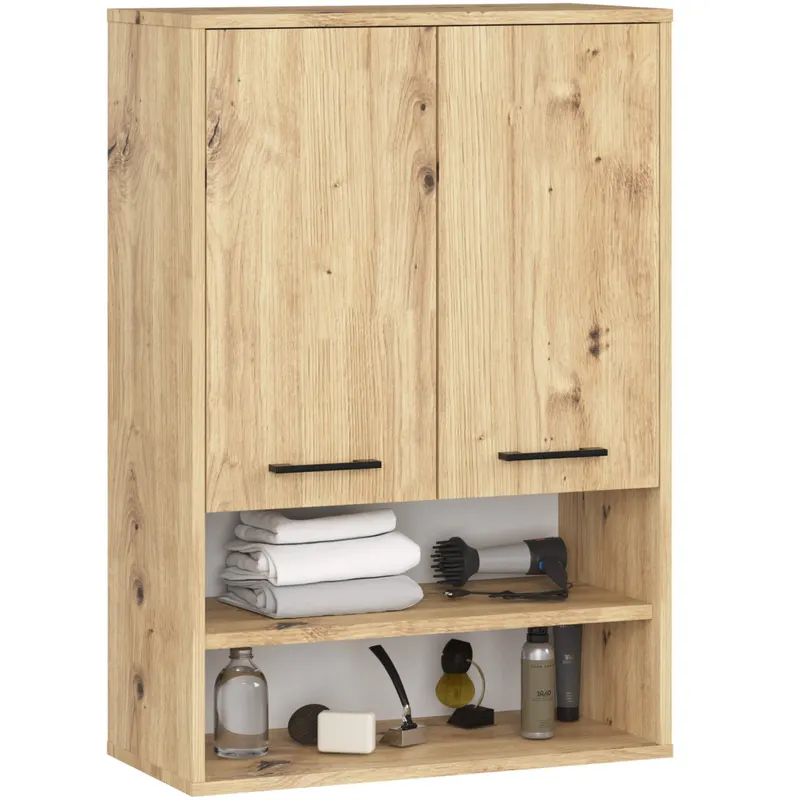 Dulap baie suspendat, cu 2 usi si 2 rafturi deschise, PAL 16 mm, 64x30x94 cm, stejar artisan
