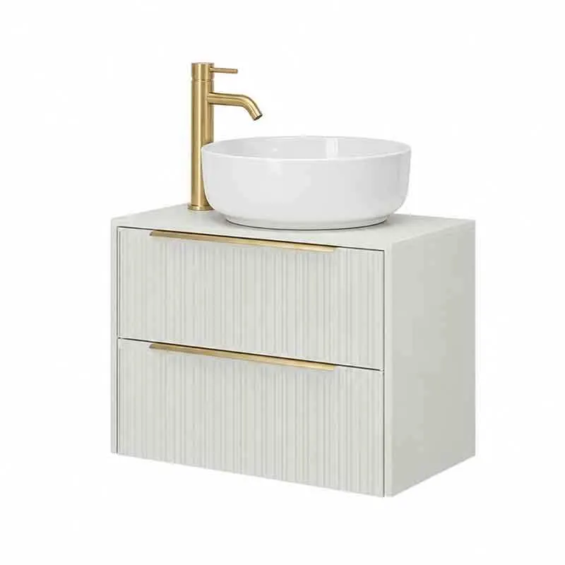 Mobilier lavoar pe blat Fluminia Istria 80, capac fix, front riflat, alb mat, maner auriu