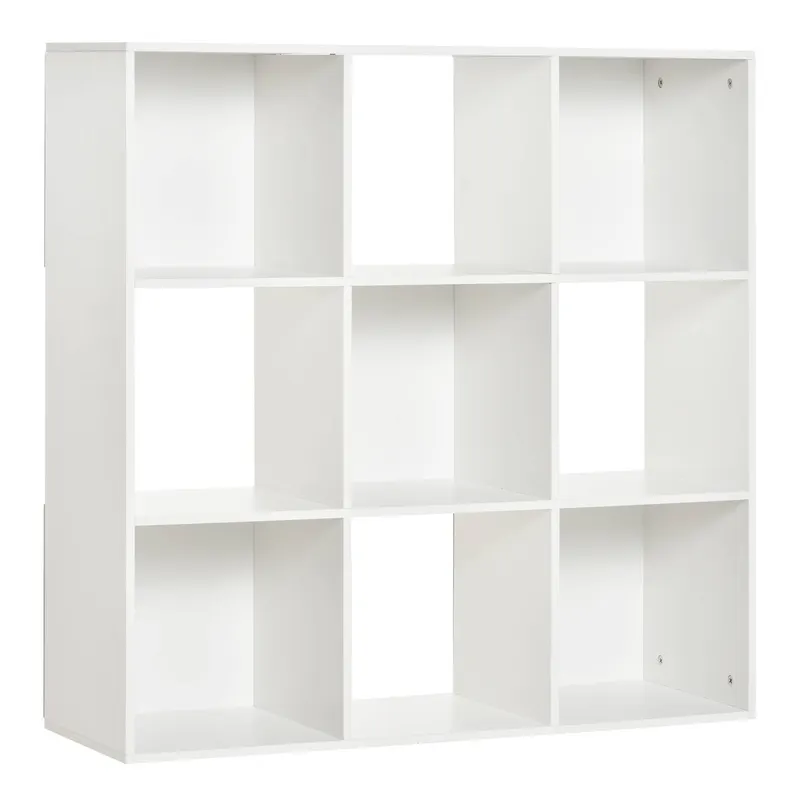 Biblioteca Albă pentru Casa si Birou, Raft cu Design Modern cu 9 Compartimente din Lemn, 91,5 x 29,5 x 91,5 cm HOMCOM
