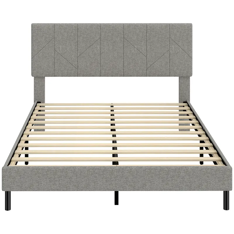 HOMCOM Cadru de pat 140 x 190 cm cu somier şi tăblie reglabilă, pat dublu tapiţat în in, depozitare dedesubt, gri