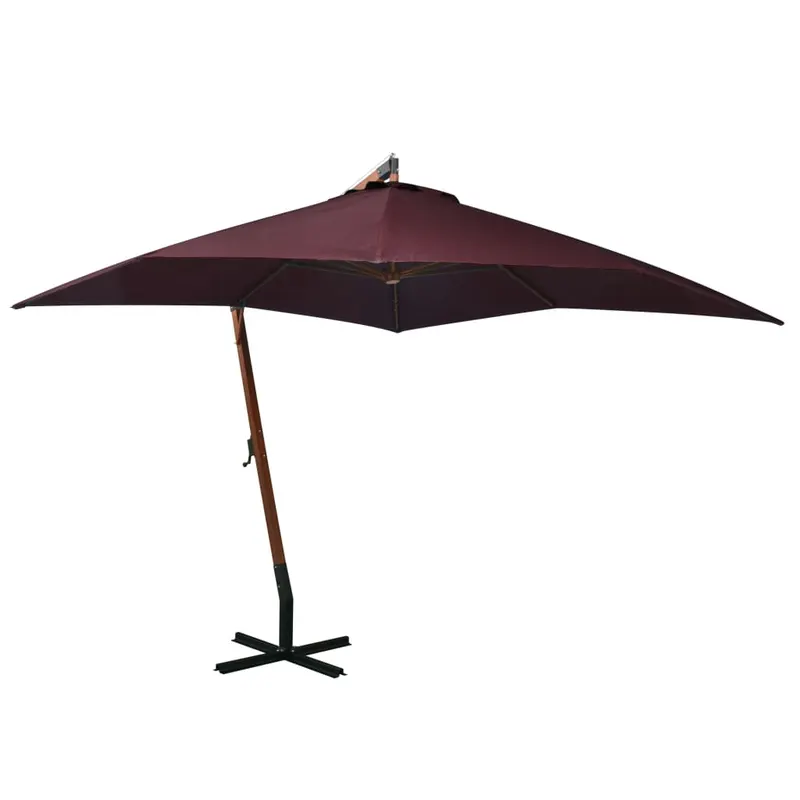 umbrela suspendata cu stalp, rosu bordo, 3x3 m, lemn masiv brad