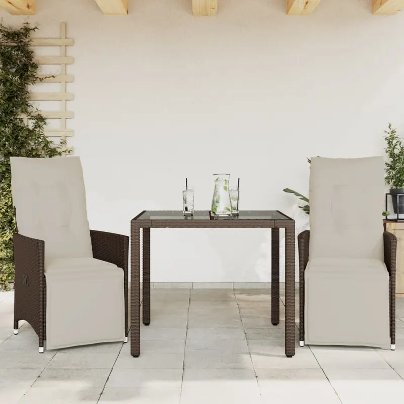 set bistro de gradina, 3 piese, cu perne, maro, poliratan