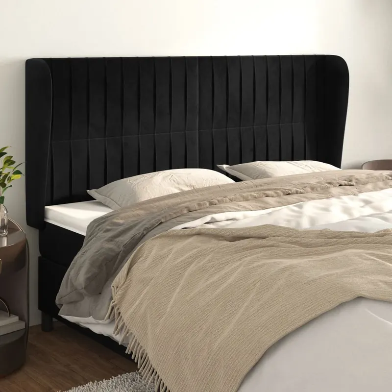 tablie de pat cu aripioare, negru, 183x23x118/128 cm, catifea