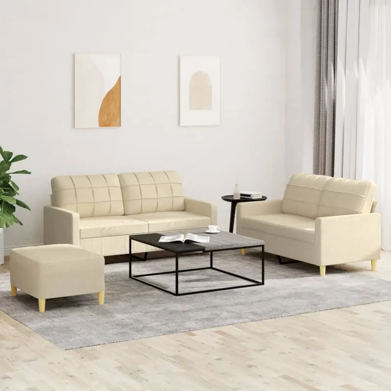 set de canapele cu perne, 3 piese, crem, textil