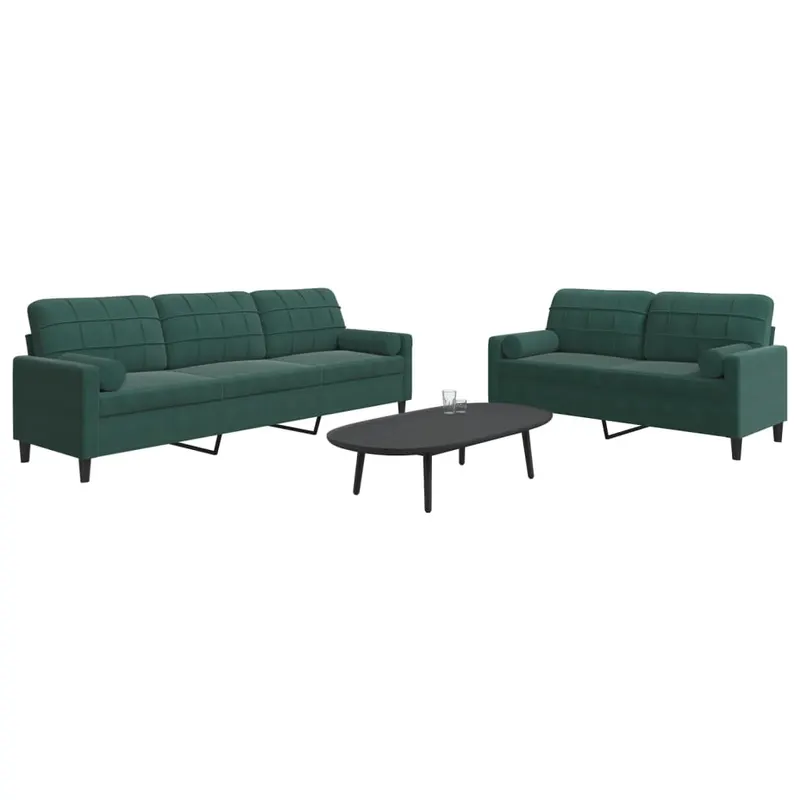 set canapele cu perne/rulouri, 2 piese, verde inchis, catifea