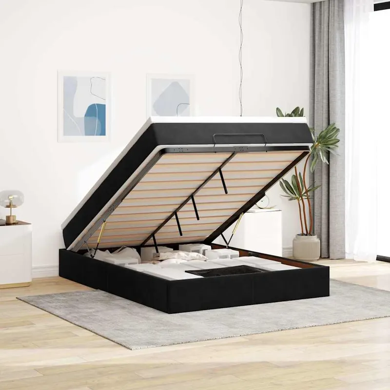 cadru pat otoman cu saltea, catifea neagra 140x200cm