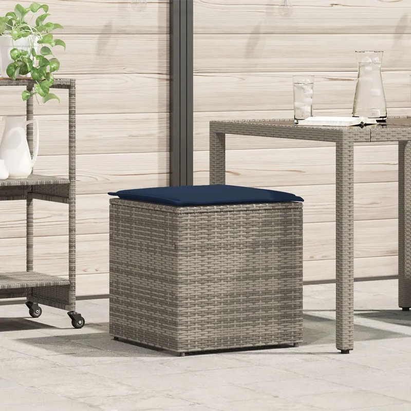 cutie de stocare gri si bleumarin ratan si perna din material textil