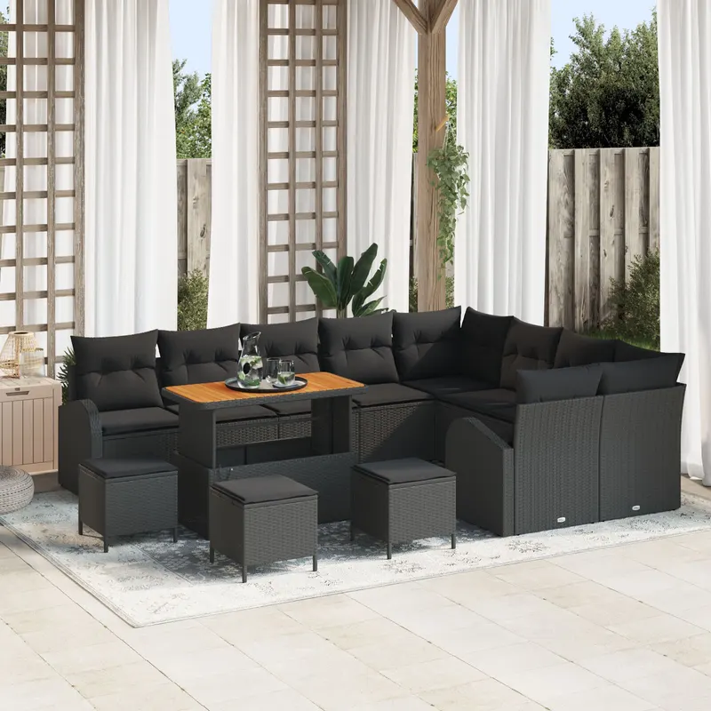 set de canapea pentru gradina cu 12 piese cu perne negru poliratan acacia, set de dining pentru gradina cu 3 piese cu perne negru poliratan acacia, canapea pentru gradina cu 2 locuri cu perne negru poliratan