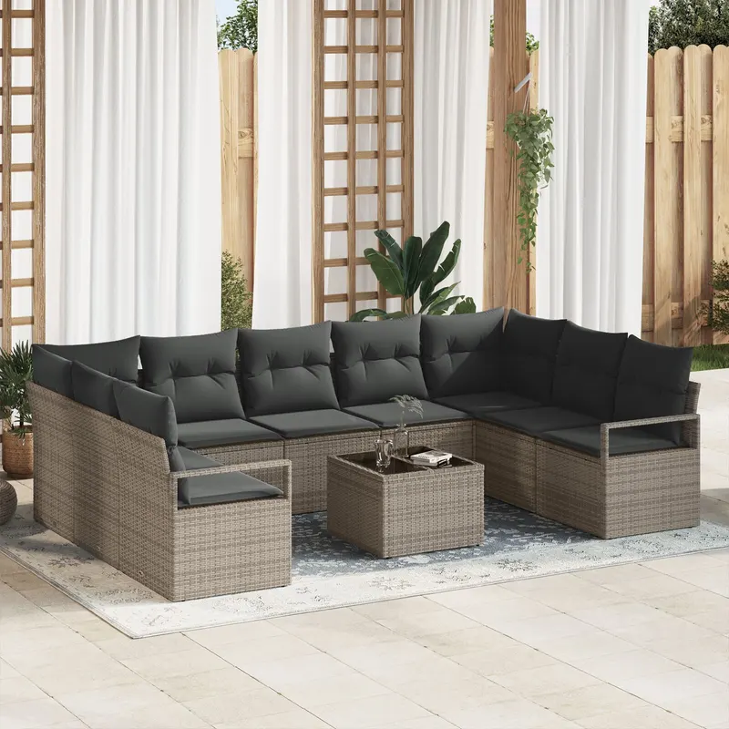 Set canapea gradina 9 piese cu perne ratan poli negru, canapea gradina 2-persoane cu depozitare & perne ratan poli gri