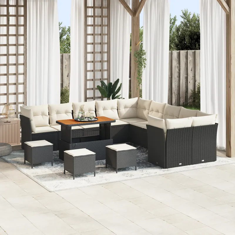 Set de canapea pentru gradina de 14 piese cu perne crem din poliratan negru si acacia, set de dining pentru gradina de 4 piese cu perne crem din poliratan negru si acacia