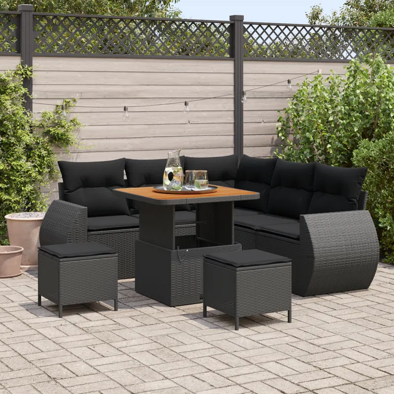 set de canapea gradina de 8 piese cu perne ratan polimer negru acacia