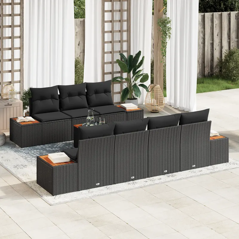 Set de sofa pentru gradina de 8 piese cu perne negre ratan polimeric acacia, sofa pentru gradina de 2 locuri cu spatiu de stocare & perne negre ratan polimeric