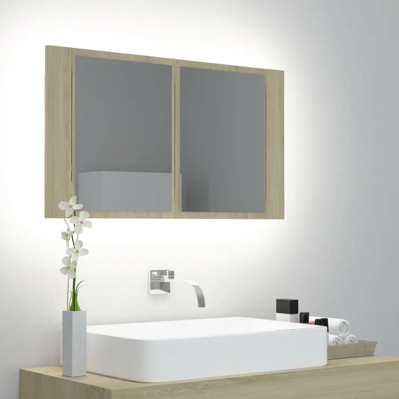 dulap de baie cu oglinda si led, stejar sonoma, 80x12x45 acril