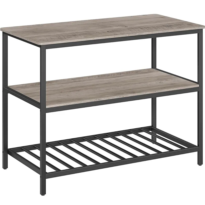 Raft de bucatarie tip insula, cadru de otel cu 3 nivele, stil industrial, 60x120x90cm, gri stejar