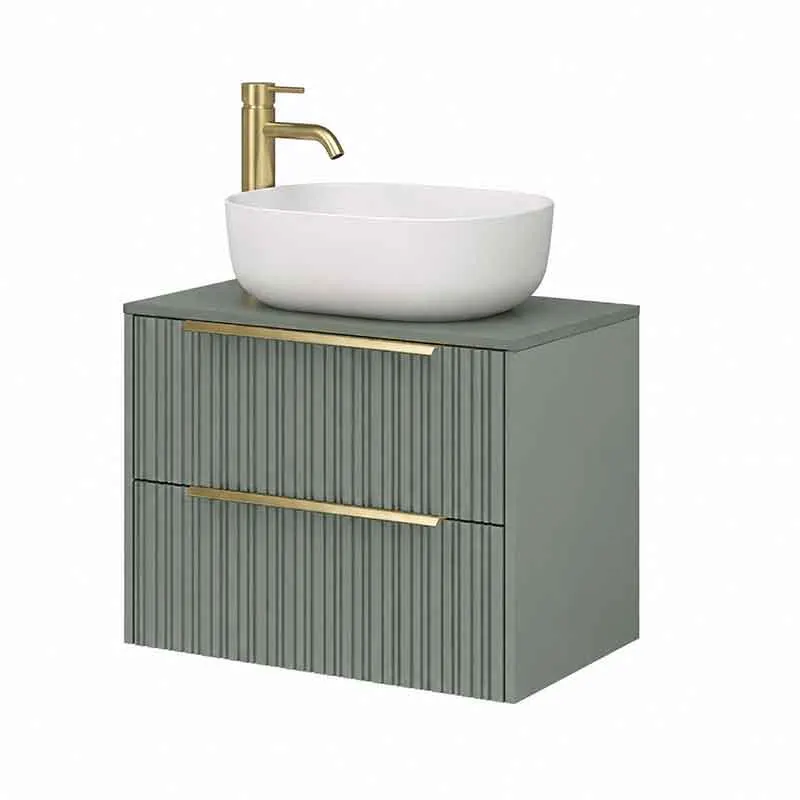Mobilier lavoar pe blat Fluminia Istria 80, 2 sertare, front riflat, salvia, maner auriu