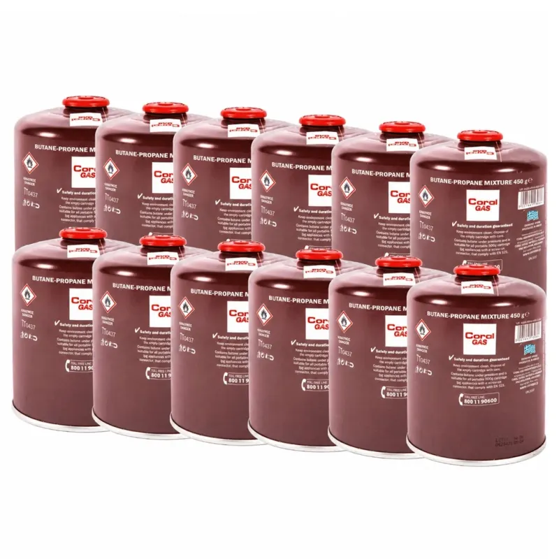 Pachet 12 Rezerve butelie gaz 450 g cu valva si filet 7/16"