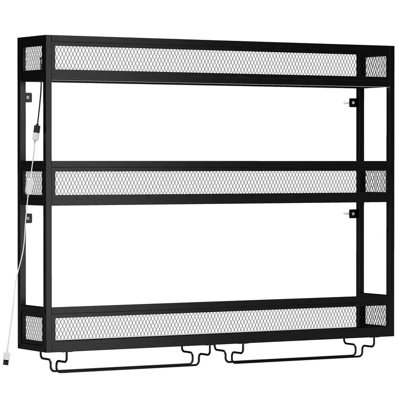 HOMCOM Suport de perete pentru vin cu LED, stil industrial, metal negru