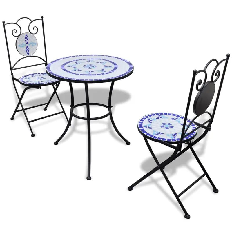set mobilier bistro, 3 piese, albastru/alb, placi ceramice
