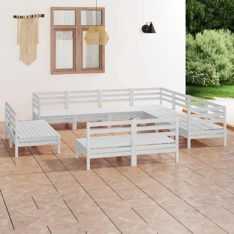 set mobilier de gradina, 11 piese, alb, lemn masiv de pin