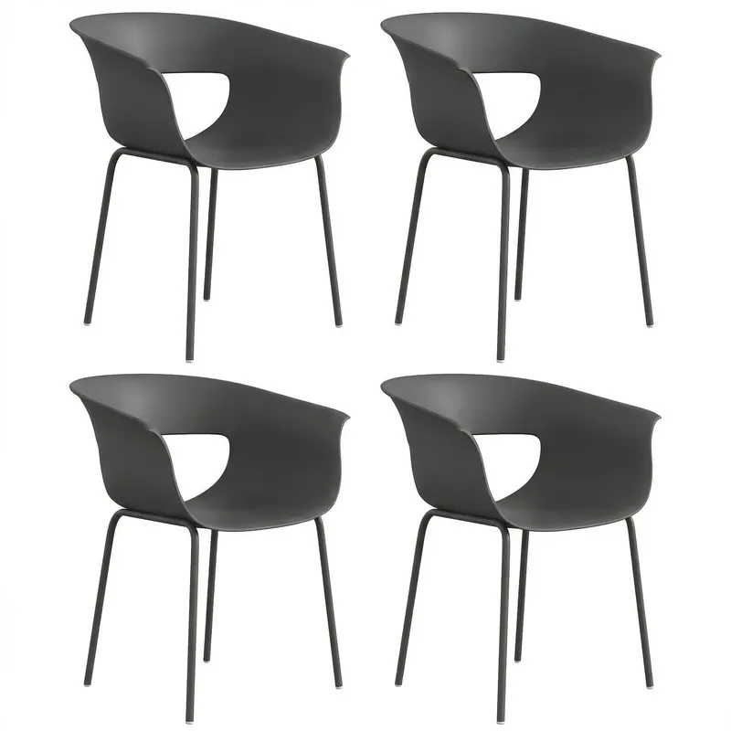 Outsunny Set de 4 Scaune de Exterior, cu Brațe, Spătar Perforat, Picioare Metalice, Gri Închis