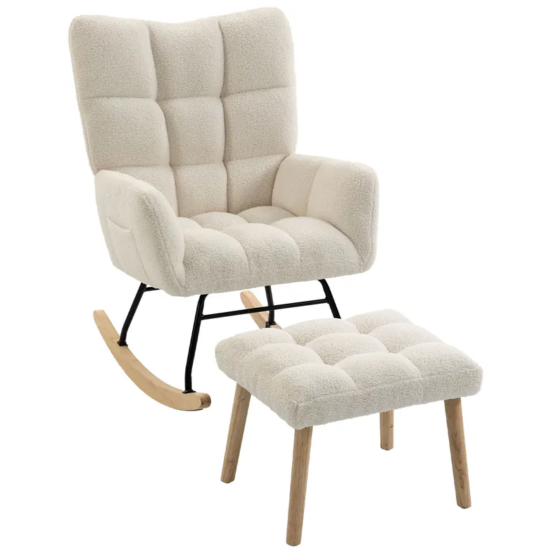 HOMCOM Fotoliu Balansoar din Sherpa cu Taburet, Buzunare Laterale, Șezut Gros, Design Matlasat, Crem