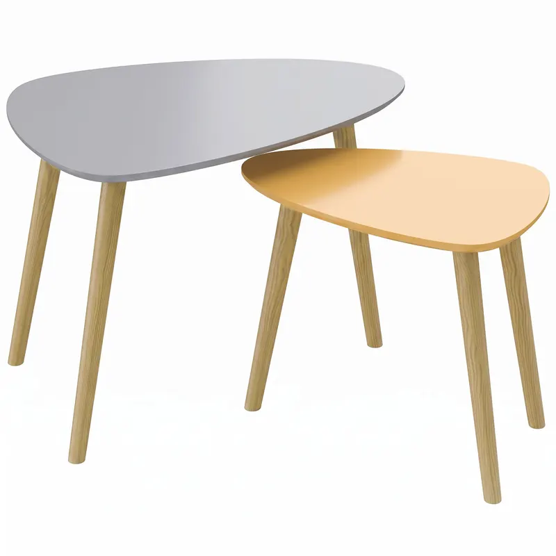 HOMCOM Set de 2 mese de cafea gigogne design scandinav picioare din lemn și blat din lemn, gri și galben
