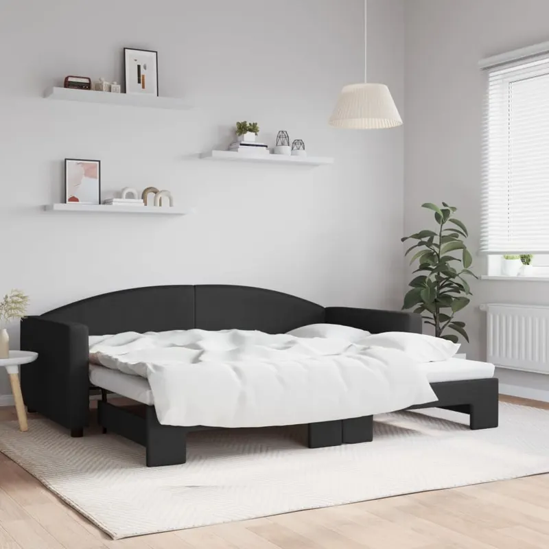 pat de zi cu extensie, negru, 90x200 cm, textil