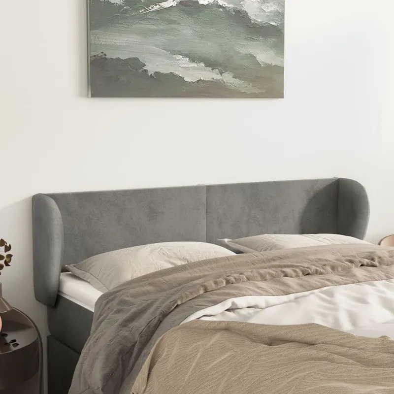 tablie de pat cu aripioare gri deschis 147x23x78/88 cm catifea