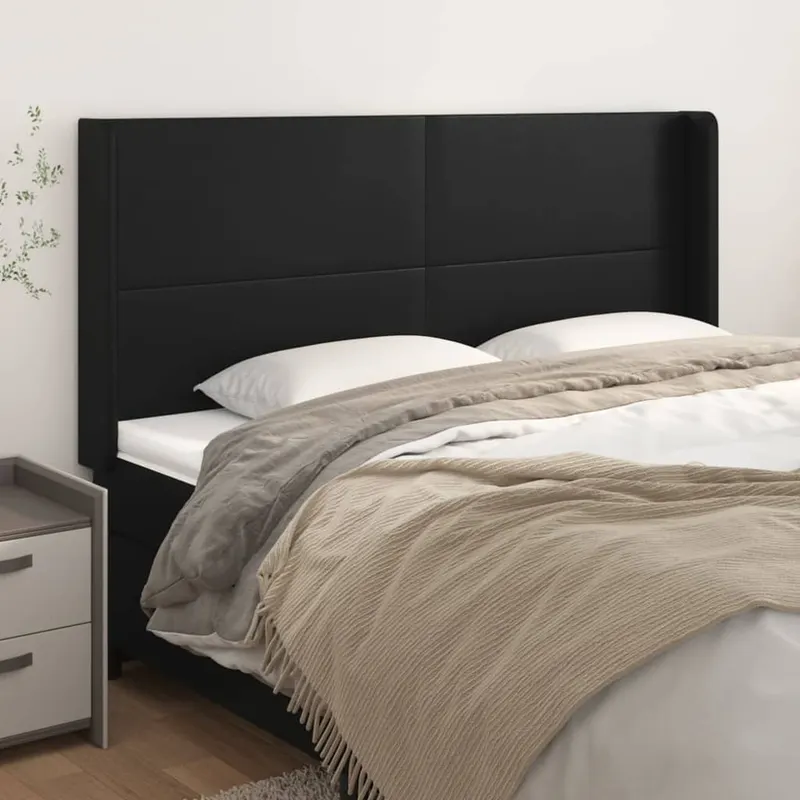 Tablie de pat cu aripioare, negru, 163x16x118/128 cm, piele eco