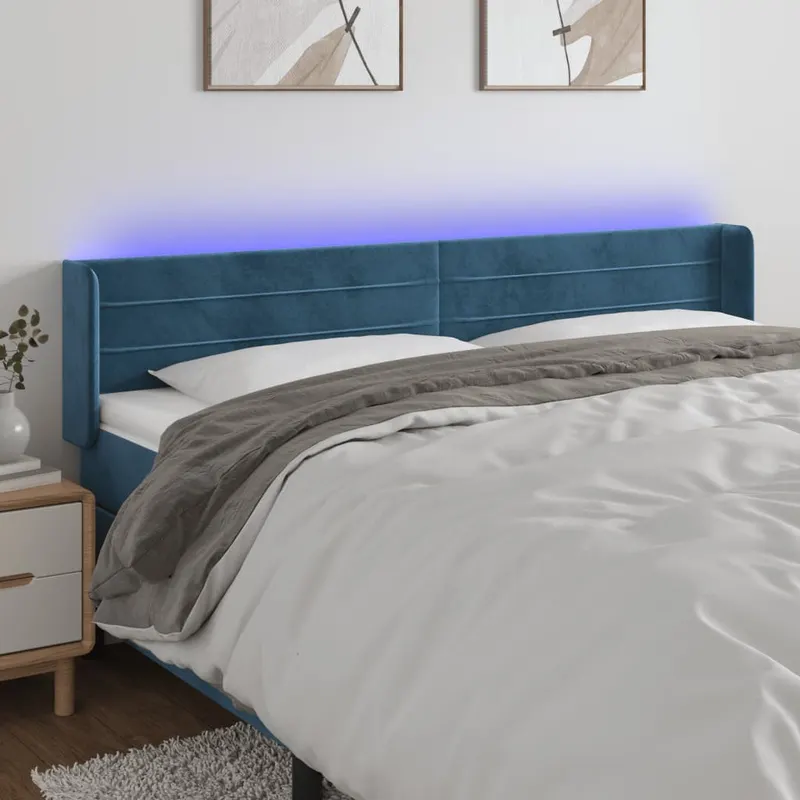 tablie de pat cu led, albastru inchis, 203x16x78/88 cm, catifea