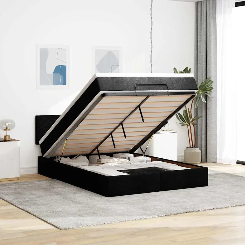 pat otoman cu saltea si led-uri negru 140x200 cm tesatura