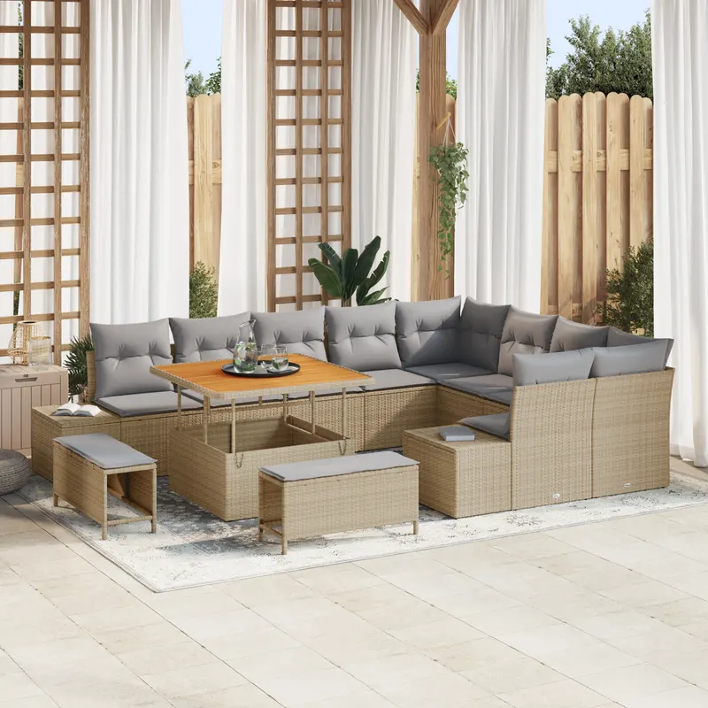 Set de canapea pentru gradina cu 12 piese cu perne bej poli ratan acacia, set de dining pentru gradina cu 3 piese cu perne bej poli ratan acacia, canapea exterioara cu 2 locuri cu perne bej poli ratan