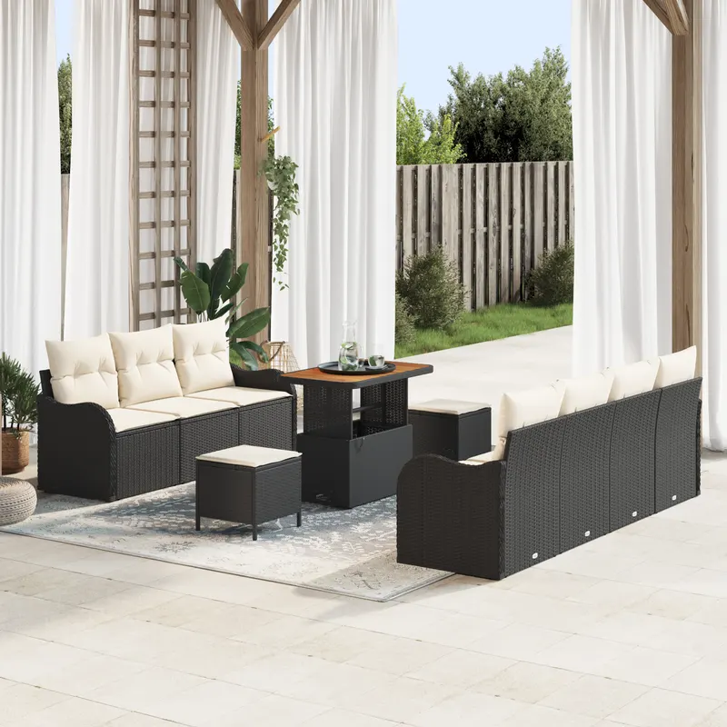 Set de 10 piese sofa de gradina cu perne in poliratan negru acacia, sofa de gradina pentru 2 persoane cu perne in poliratan negru, set de dining de gradina de 3 piese cu perne in poliratan negru acacia