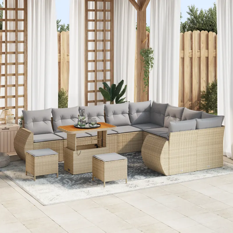 Set de canapea gradina 12 piese cu perne bej ratan poliratan acacia, set de dining gradina 3 piese cu perne bej ratan poliratan acacia