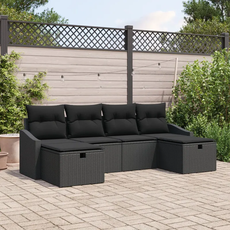 set canapea gradina cu perne negre din ratan poliester