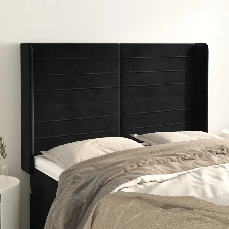 tablie de pat cu aripioare, negru, 147x16x118/128 cm, catifea