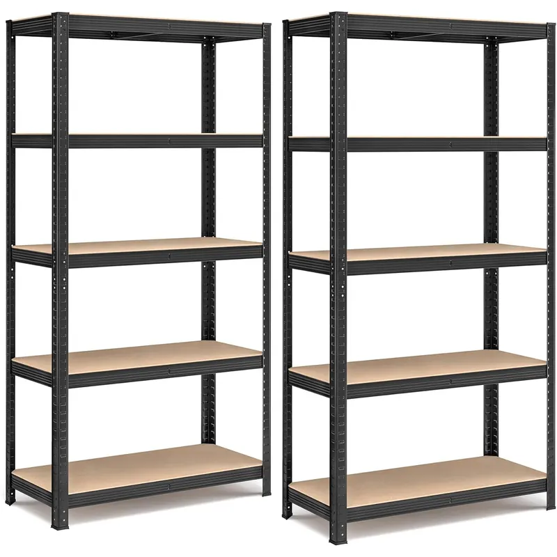 Set 2 rafturi metalice cu 5 niveluri reglabile, din otel si MDF, 90x40x180 cm, sarcina 875 kg, negru