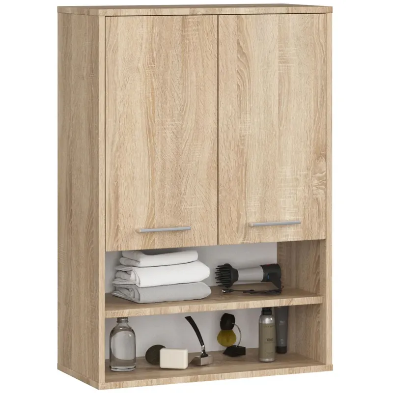 Dulap baie suspendat, cu 2 usi si 2 rafturi deschise, PAL 16 mm, 64x30x94 cm, stejar sonoma